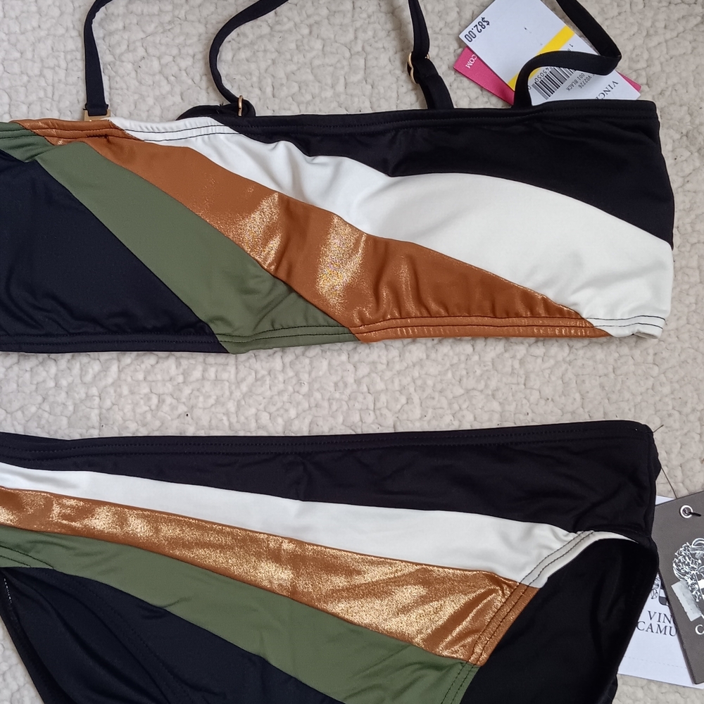Vince Camuto Black Swimwear Set with Olive and Metallic Copper Accents